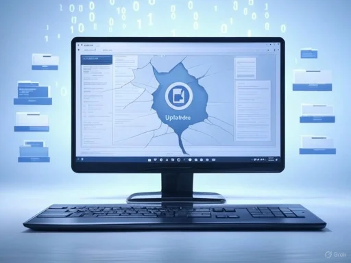 A computer monitor displays a cracked screen with the Uptile logo, surrounded by floating file icons and binary code. A computer monitor displays a cracked screen with the Uptile logo, surrounded by floating file icons and binary code.