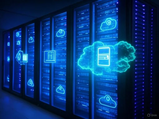 Blue neon cloud icons and data servers over rows of computer racks in a data center.