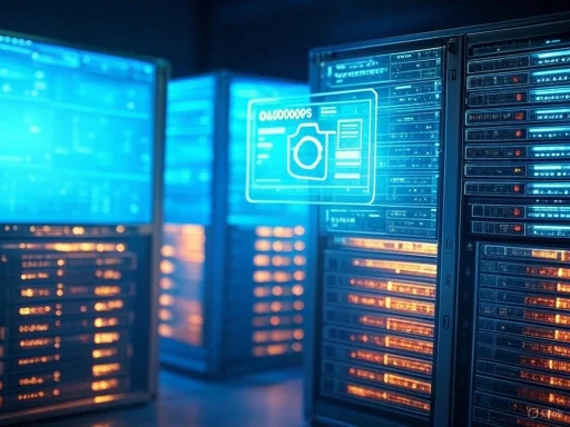 Data servers with holographic security interface in a high-tech data center.