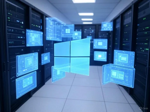A futuristic data center or server room with holographic Windows logos and digital screens floating around.
