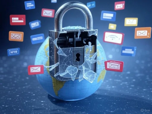 A broken padlock on a globe, with floating email icons representing cybersecurity concerns and data protection.