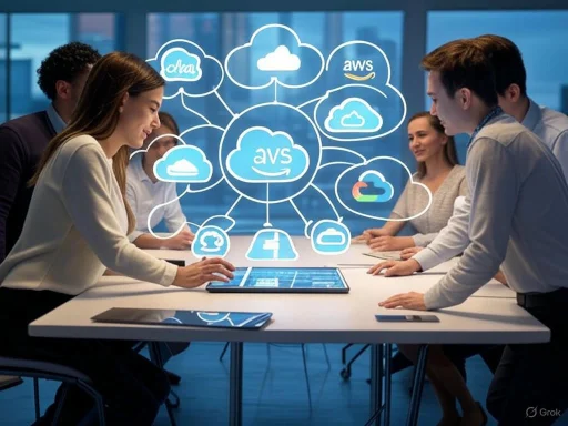 A diverse team collaborates on cloud computing and data management, with digital cloud icons displayed on a futuristic screen. A diverse team collaborates on cloud computing and data management, with digital cloud icons displayed on a futuristic screen.
