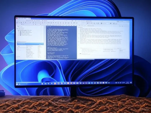 A computer monitor displays documents and code, set against a background with a blue abstract design.
