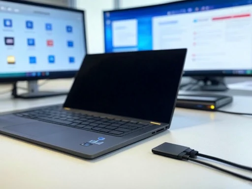 A sleek laptop is on a desk with dual monitors displaying applications, and an external drive connected.