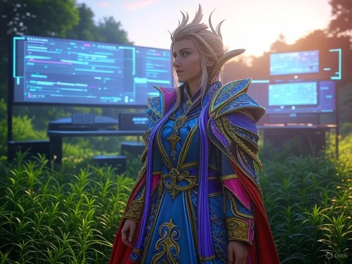 A woman in elaborate fantasy armor stands outdoors at sunset, with futuristic digital screens in the background.