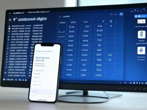 A smartphone displaying a login screen, with computer monitors showing data tables in the background.