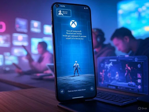 A smartphone displays a futuristic game interface with a soldier avatar, in a tech-savvy environment with people in background.