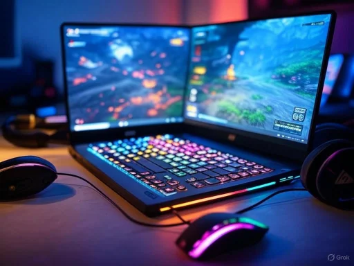 A dual-screen gaming laptop with colorful backlit keyboard, surrounded by headphones and mouse, in a dimly lit room. A dual-screen gaming laptop with colorful backlit keyboard, surrounded by headphones and mouse, in a dimly lit room.