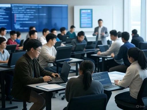 A classroom filled with students working on laptops while an instructor presents at the front. A classroom filled with students working on laptops while an instructor presents at the front.
