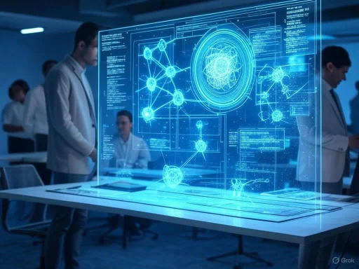 Scientists analyze a holographic, futuristic digital interface displaying complex data and diagrams in a modern lab.