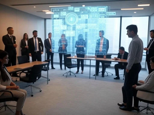 Businesspeople in a meeting around a holographic interface in a modern office with city views.