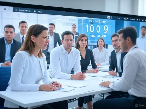 Business team discusses strategies during a meeting in a modern office with a virtual meeting displayed on a large screen.