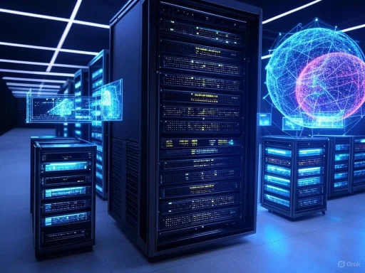 Futuristic data center with illuminated servers and holographic digital globe displays.
