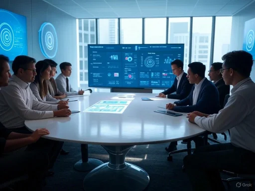 Business professionals in a conference room reviewing data on large digital screens during a meeting.