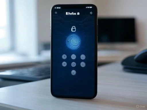 A smartphone displaying a fingerprint lock screen with a numeric keypad, placed on a desk.