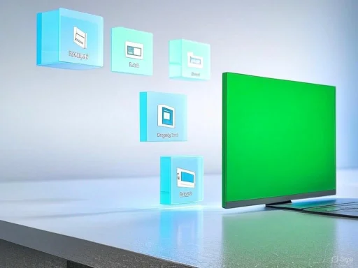 Floating digital files and a large green screen display a modern tech or digital workspace.
