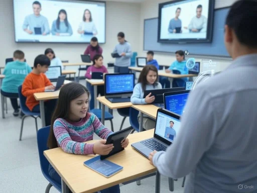 Students using tablets and laptops in a modern classroom with digital screens at the front.