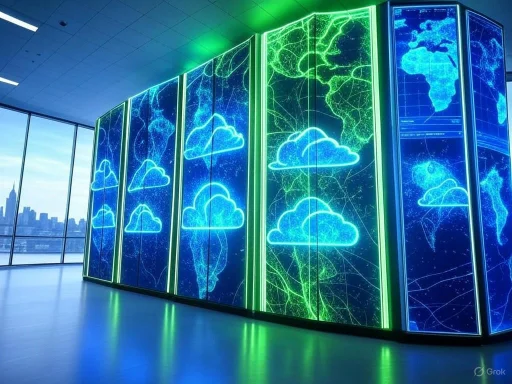 Illuminated digital cloud storage visualization in a modern office with city skyline view. Illuminated digital cloud storage visualization in a modern office with city skyline view.