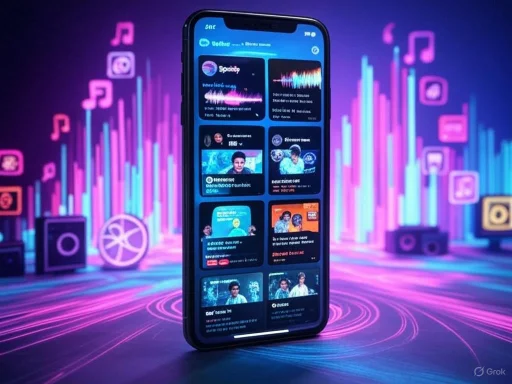 A smartphone displays a music streaming app surrounded by animated neon music icons and sound waves.