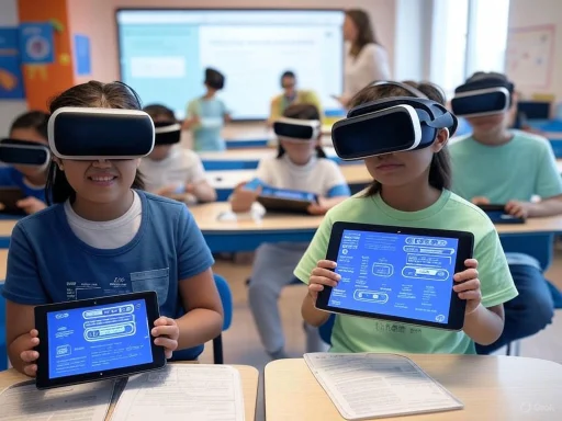 Students use VR headsets and tablets during a classroom lesson, with a teacher presenting in the background. Students use VR headsets and tablets during a classroom lesson, with a teacher presenting in the background.