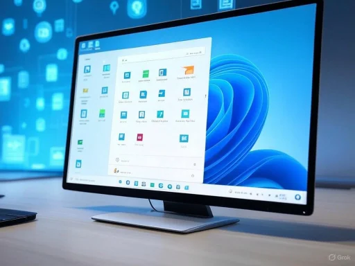A computer monitor displays a desktop interface with application icons against a blue-themed background.