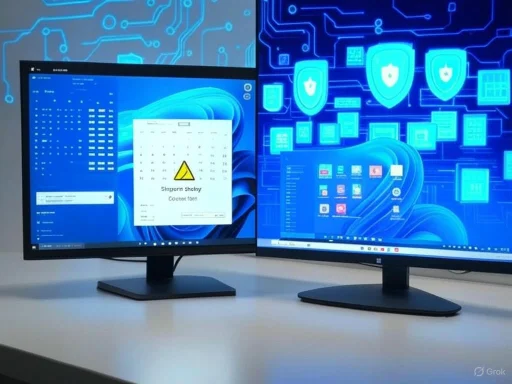 Two computer monitors displaying cybersecurity and data protection visuals on a clean desk.