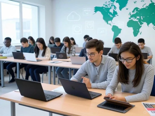 Students engaged with laptops and tablets in a classroom with a world map on the wall. Students engaged with laptops and tablets in a classroom with a world map on the wall.
