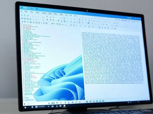 A computer screen displays a Word document with a blue-themed aesthetic and a background illustration of abstract blue waves.