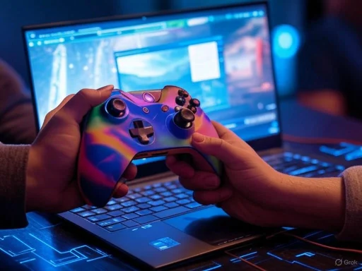 Person holding a colorful gaming controller in front of a laptop with a digital interface on the screen.