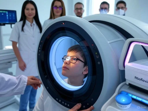 A young boy undergoing a medical imaging scan with healthcare professionals and a modern MRI machine.
