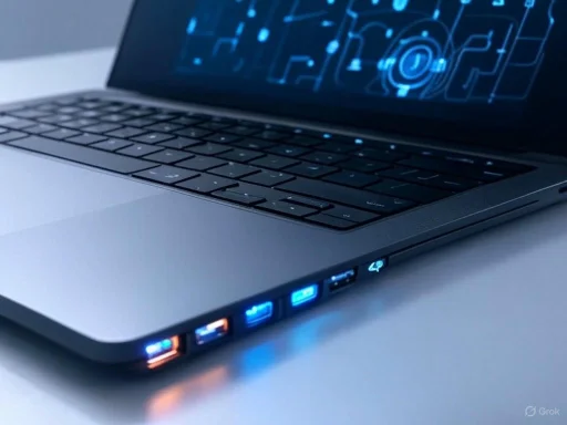 Close-up of a modern laptop with illuminated USB ports and a futuristic digital display on the screen.