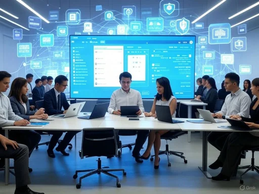 Business meeting in a high-tech conference room with digital data and security icons displayed behind.