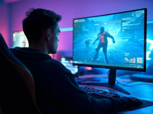 A person playing a video game on a large monitor in a vibrant, neon-lit room.