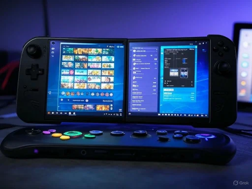 A dual-screen handheld gaming device with a keyboard and colorful control buttons, set against a dimly lit background.