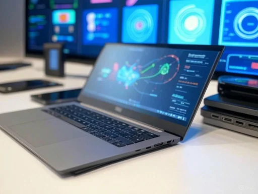 A laptop with data and graphics on its screen, surrounded by other electronic devices and monitors displaying data.