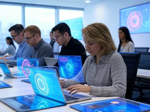 People working on laptops with holographic screens in a modern, tech-focused conference room.
