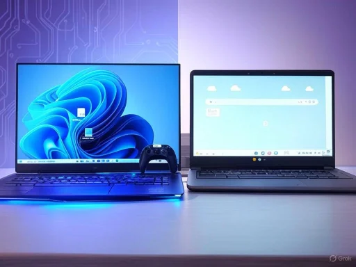A gaming laptop with a controller, paired with a smaller laptop on a desk with a purple and blue background.