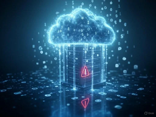 A digital illustration of a cloud computing server with a warning icon, surrounded by floating binary code and data symbols.