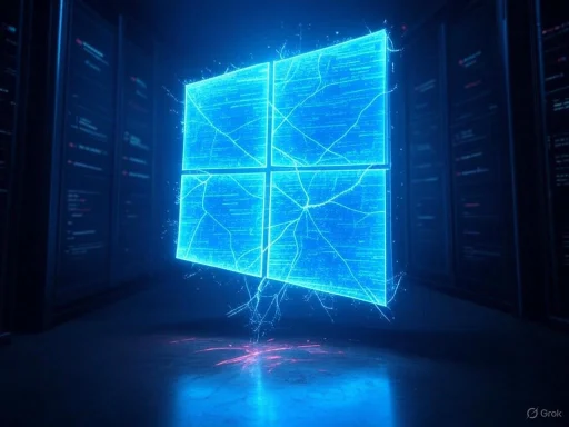 A glowing, digital hologram of the Windows logo with network-like cracks inside, suspended in a dark data center.