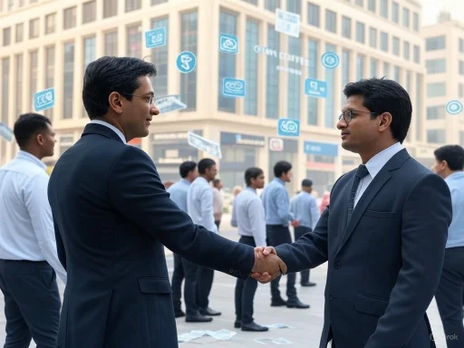 Two businessmen shake hands in a busy urban setting with people and corporate signage in the background.