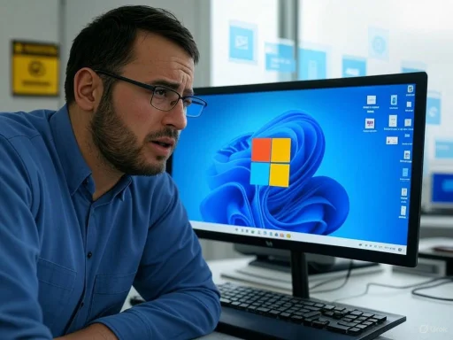 A man with glasses and a blue shirt looks puzzled while working at a computer with Windows 11 on the screen.