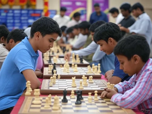 Young boys competing in a chess tournament outdoors, focusing intently on their game.