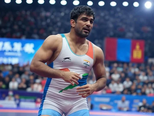 A male wrestler in a white, blue, and orange singlet stands in a competition arena with an audience in the background. A male wrestler in a white, blue, and orange singlet stands in a competition arena with an audience in the background.