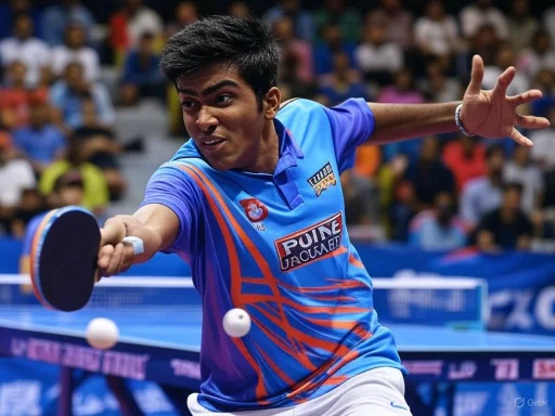 A young male table tennis player in a blue jersey passionately hits the ball during a match with an enthusiastic crowd in the background.
