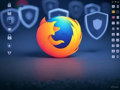 The Mozilla Firefox logo surrounded by security icons on a digital interface background.