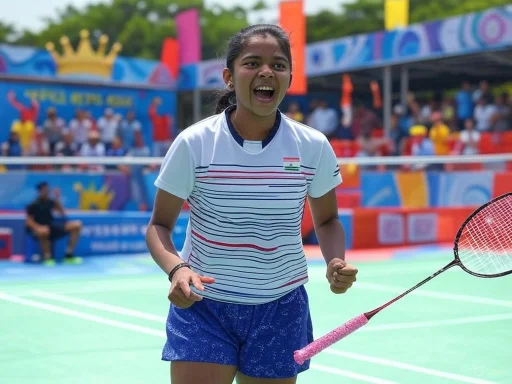 A young female badminton player celebrating on the court during a match.