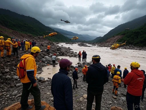 Rescue team prepares for a river rescue near a mountainous area with helicopters overhead during cloudy weather.