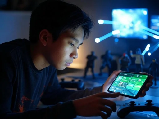 A young man engrossed in a mobile device with a gaming controller, surrounded by a gaming setup with action figures and screens.