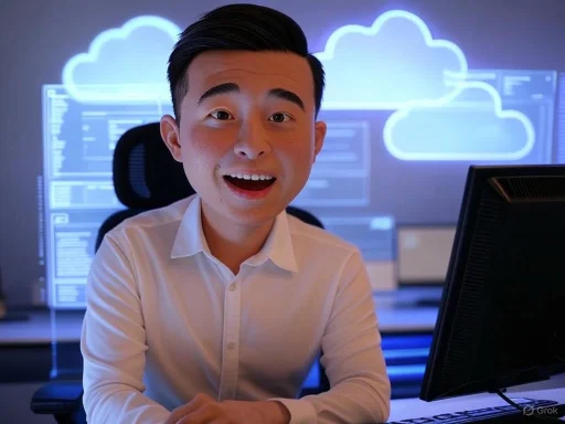 A man in a white shirt smiling at the camera in front of computer screens with cloud computing graphics.
