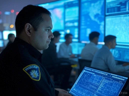 A police officer monitors multiple large screens displaying maps and data in a high-tech operations room.